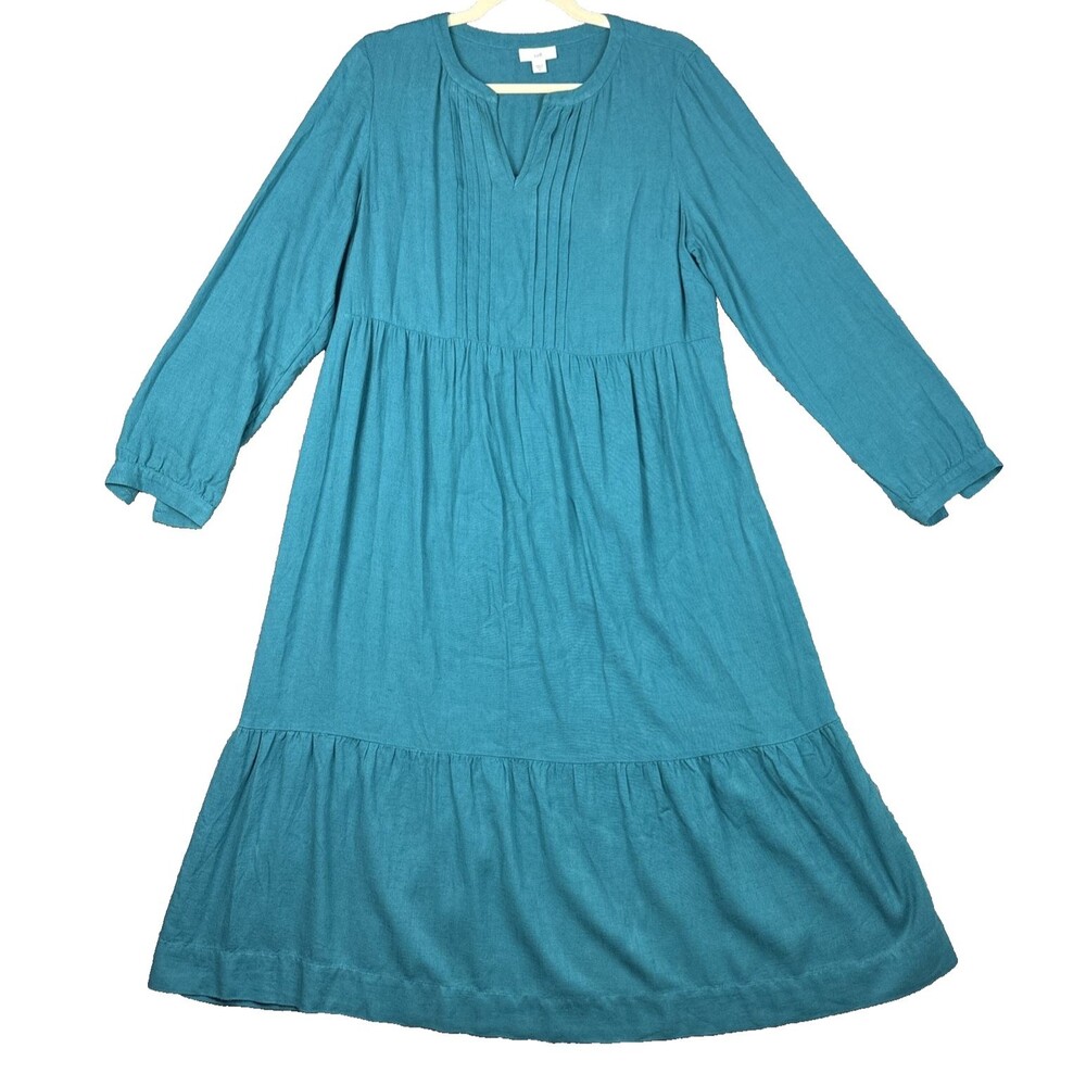 J. Jill Womens Size Medium Teal Green Linen Blend Tiered Dress Summer Beachy